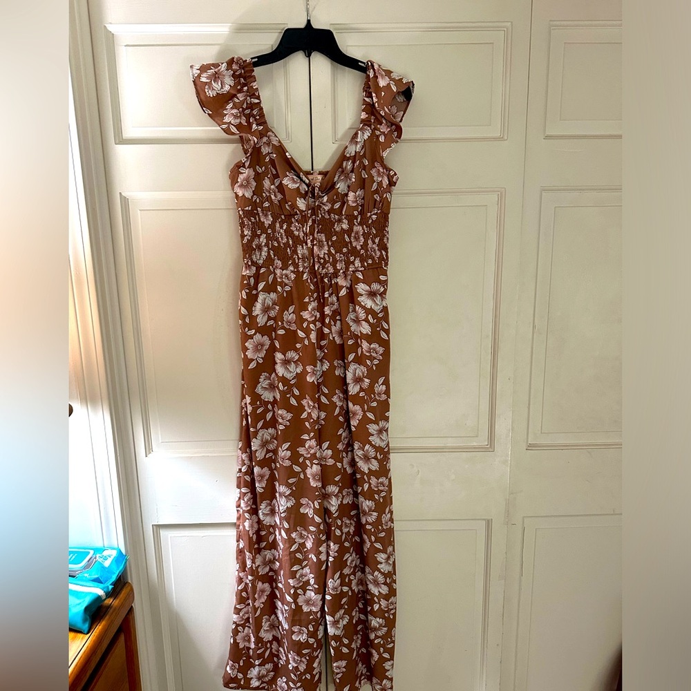 Floral Ruffle-Strap Jumpsuit in Rust